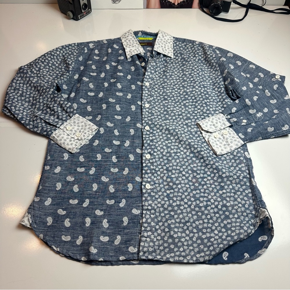 Havana Nines Blue Paisley Linen Cotton Button Down Shirt Coastal Grandad M
